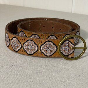 Lucky Brand Women’s Brown Leather Belt Embroidered Boho Flower Small Laser Cut